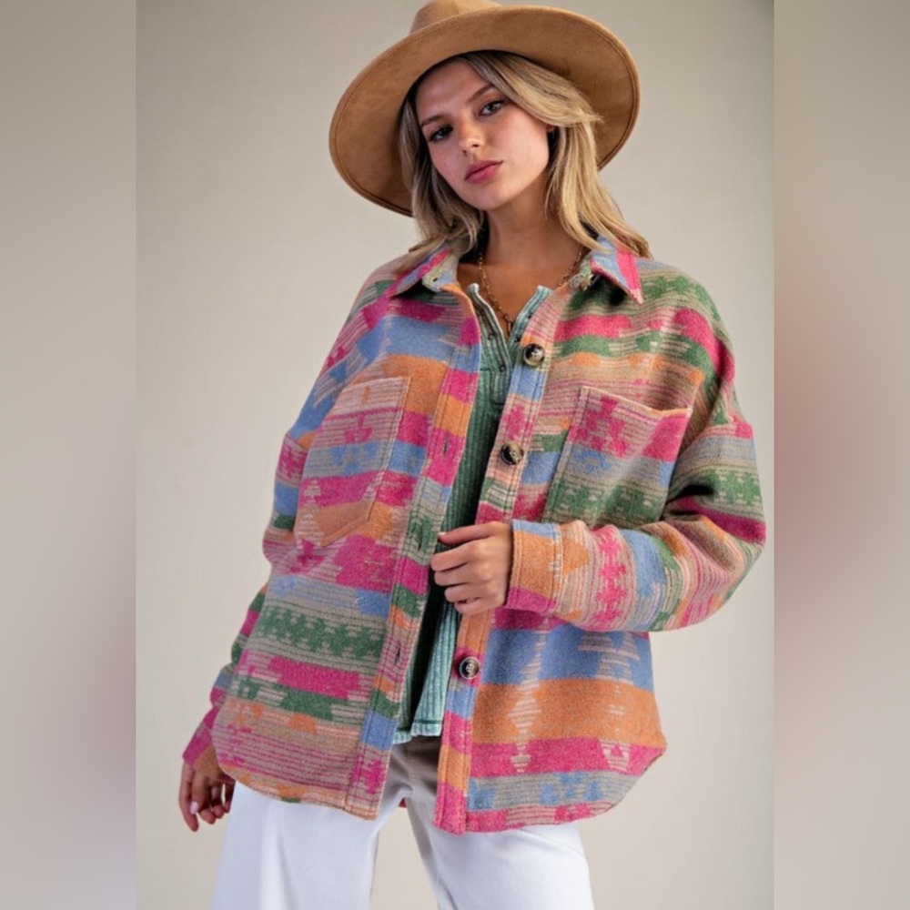 Blakely Colorful Bright Aztec Button-Up Shacket Jacket - Picture 8 of 10